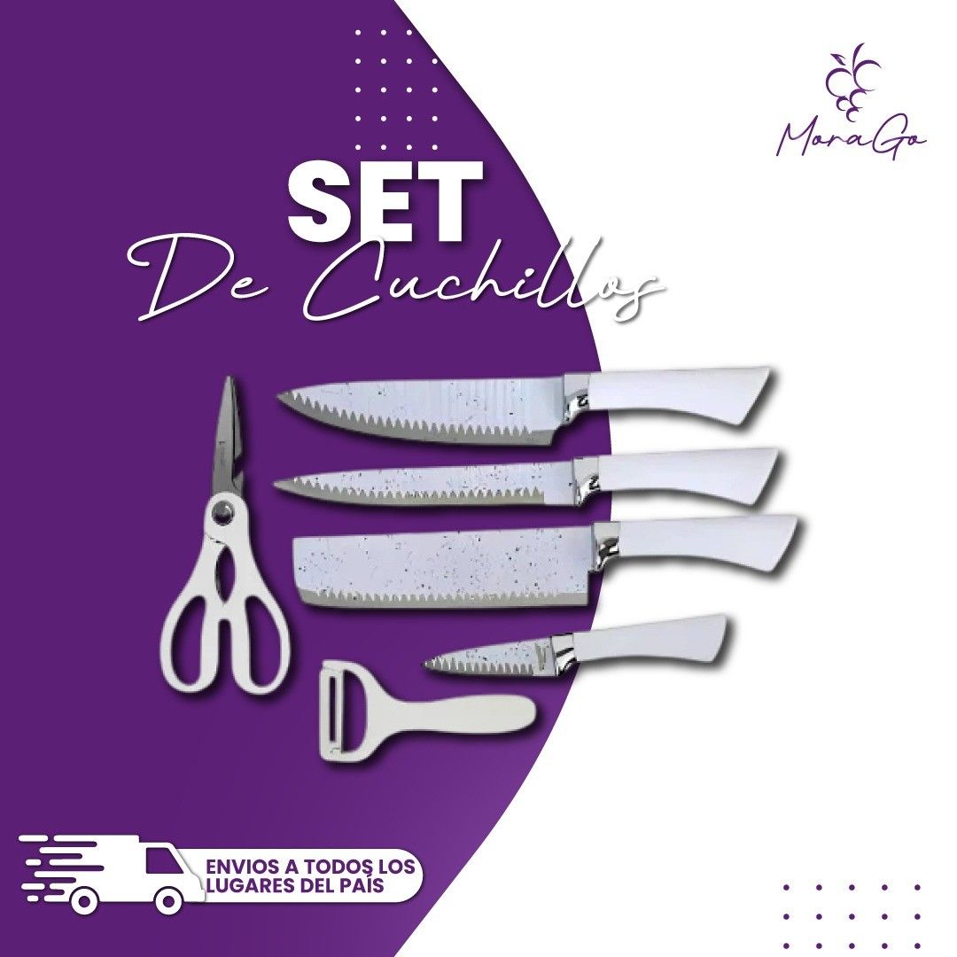 Juego de cuchillos de cocina con mangos blancos, tijeras y pelador sobre fondo morado.