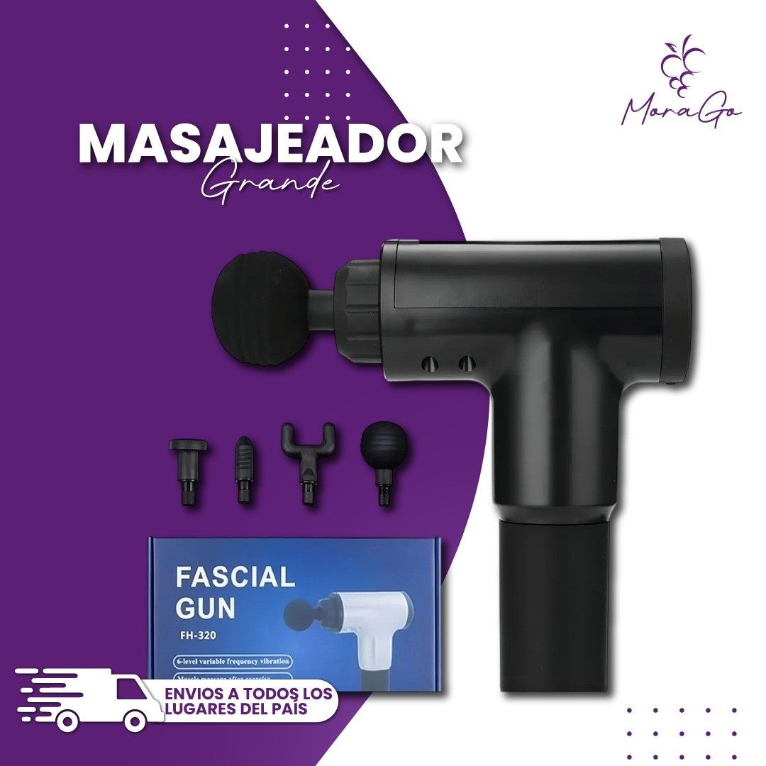 Pistola de masaje negra con accesorios sobre fondo morado.