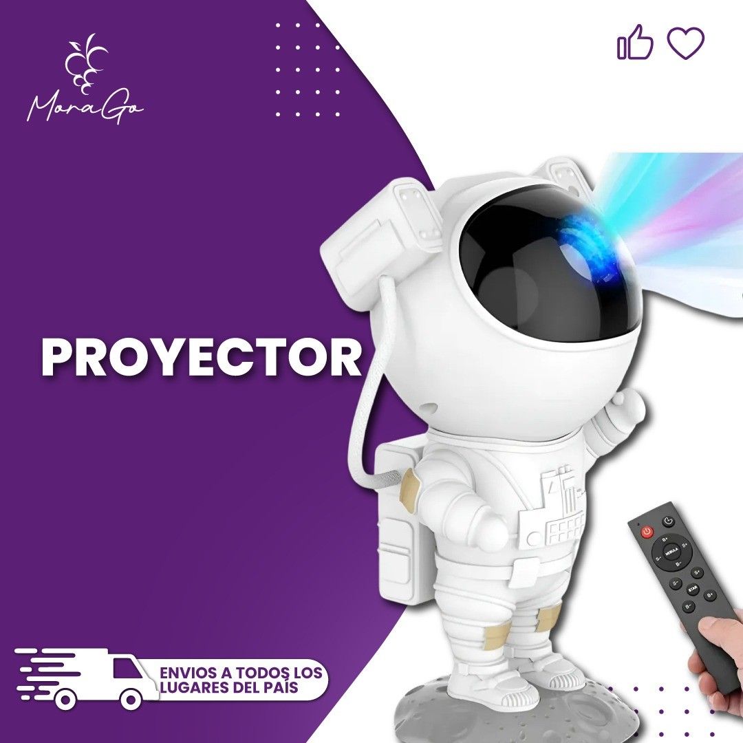 Proyector blanco con forma de astronauta que proyecta luces de colores. Incluye control remoto. Fondo morado.
