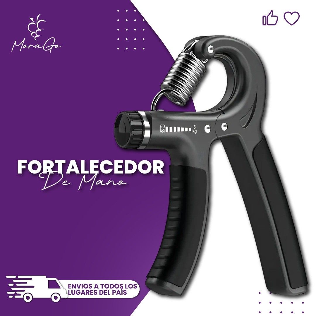 Ejercitador de agarre de mano con resistencia ajustable, en color negro, sobre fondo morado.
