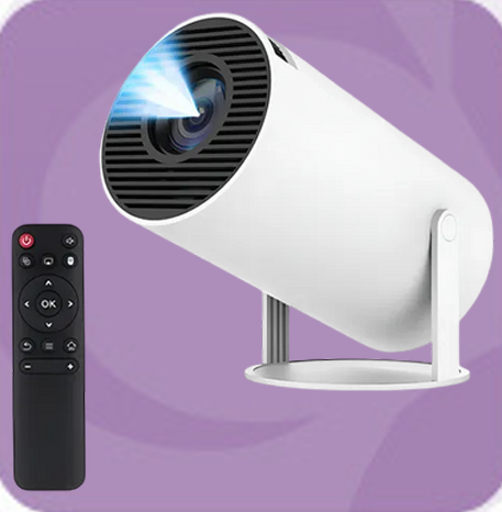 Proyector cilíndrico blanco con mando a distancia, proyectando luz azul.