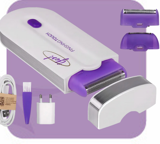 Depiladora eléctrica blanca y morada con accesorios y cable USB.