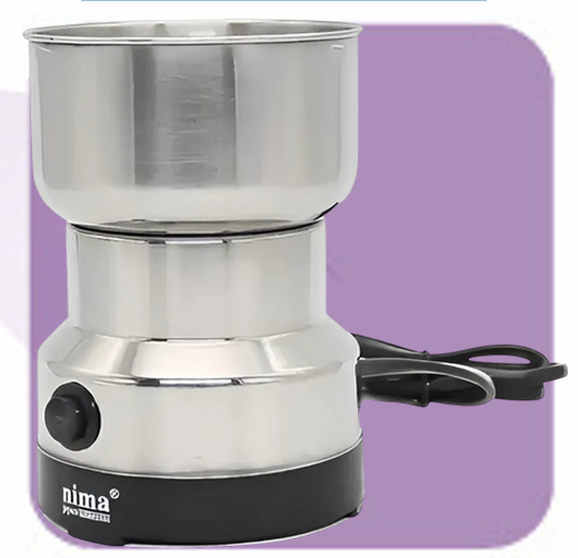 Molinillo de especias eléctrico de acero inoxidable con base negra y perilla de control.