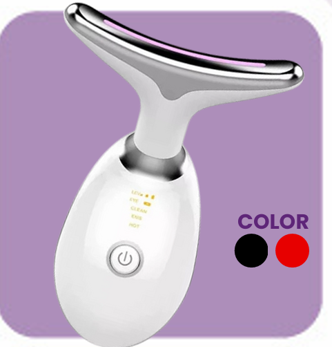 Masajeador de cuello de mano blanco con cabezal plateado e indicador de encendido sobre fondo morado.