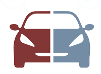 Red and blue car silhouette with a vertical white line down the middle.