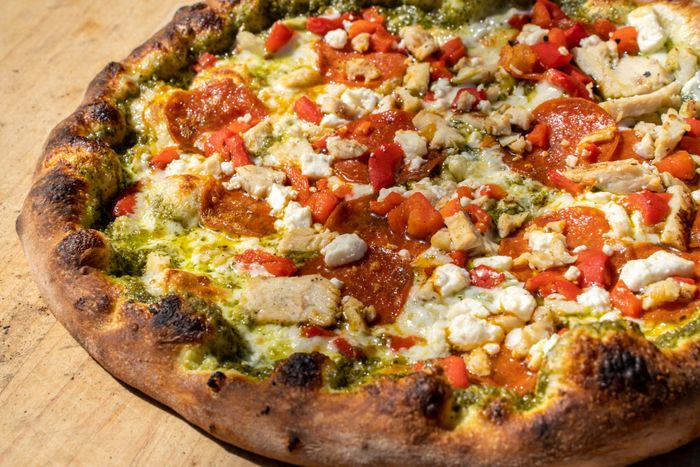 Dang Brother Pizza Camp Pendleton Pepperoni, Roasted Red Pepper, Chicken, Pesto, & Feta Cheese Pizza Photo