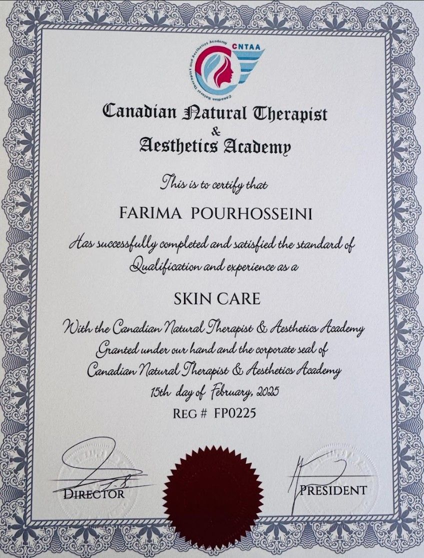 Certificate for Canadian Natural Therapist Aesthetic Academy, beige with ornate border and seal.