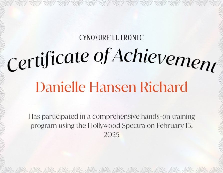 Certificate of Achievement for Danielle Hansen Richard from Cynosure Lutronic, with beige floral border
