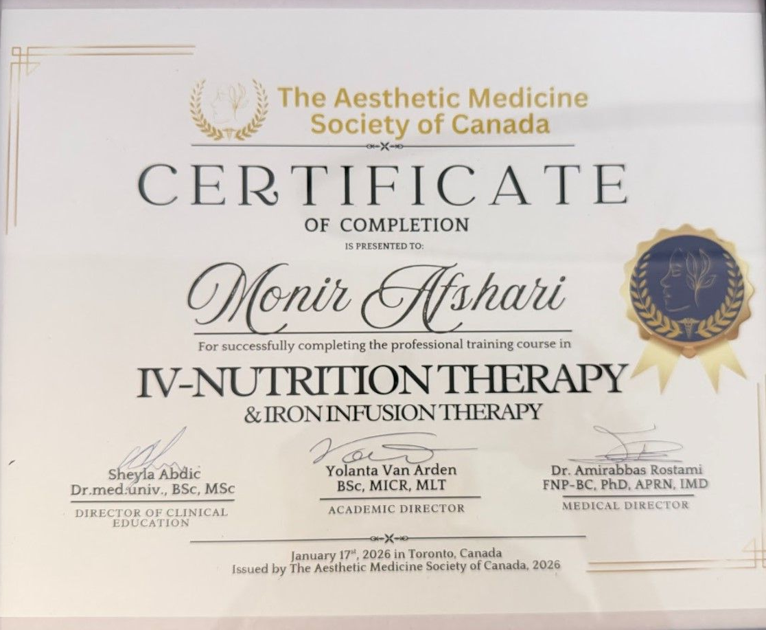 Certificate from The Aesthetic Medicine Society of Canada for IV nutrition therapy and iron infusion therapy