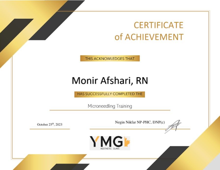 Certificate of achievement for Monir Afshari, RN, with gold and black border accents.