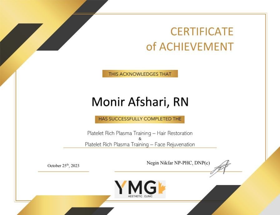 Certificate of achievement for Monir Afshari, RN, with gold and black diagonal accents.