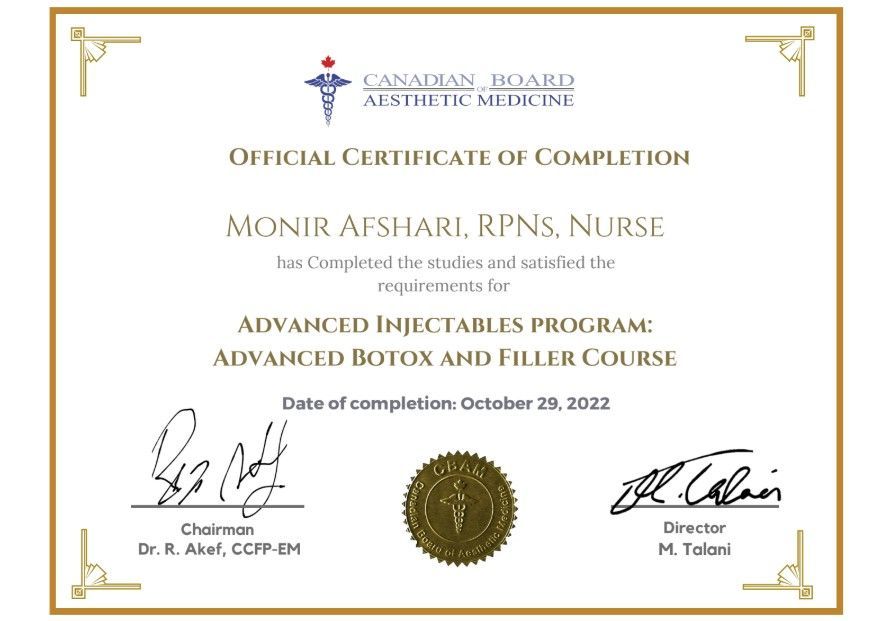 Certificate of completion for advanced injectables, advanced Botox and filler course, with signatures and seal