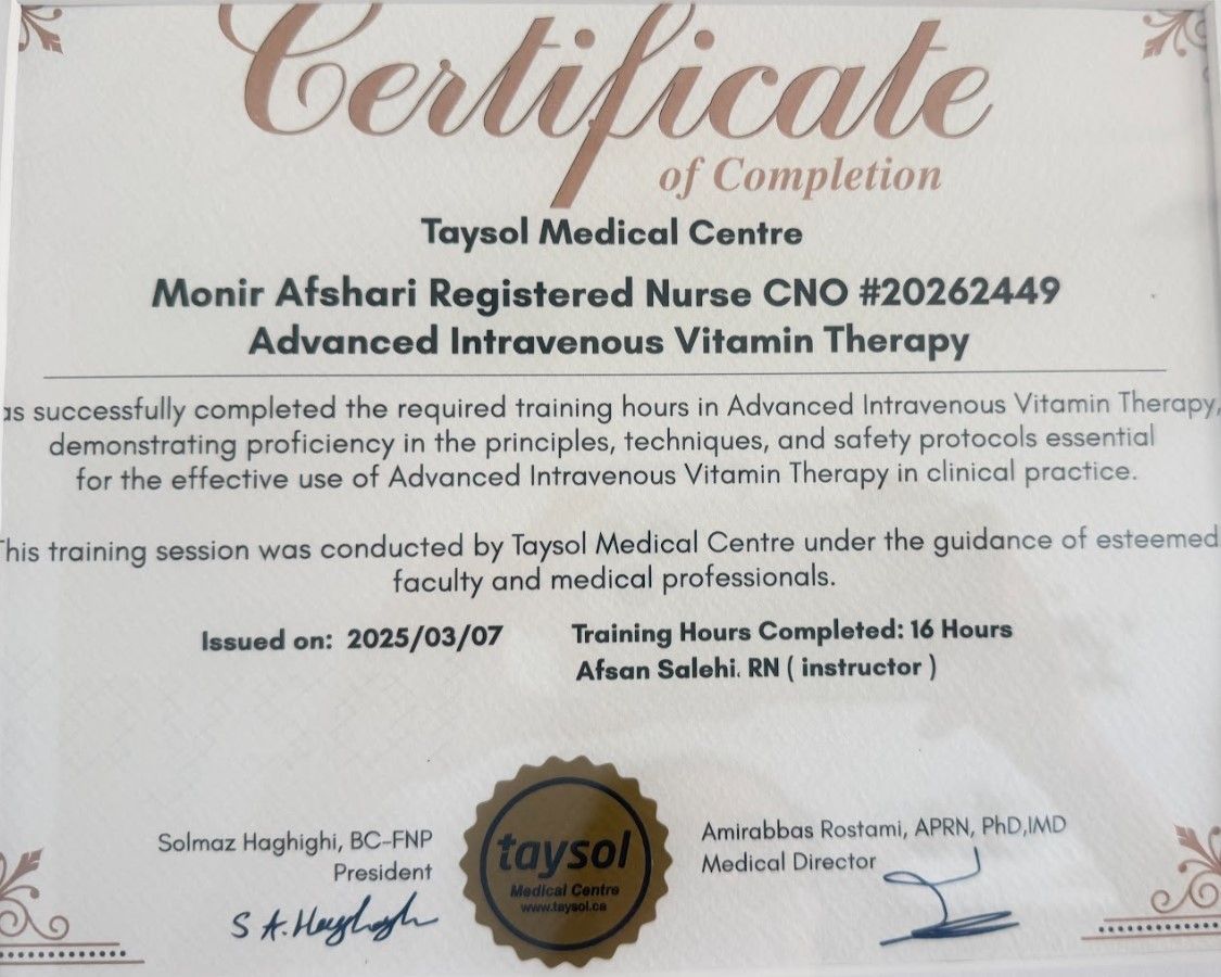 Certificate of completion from Taysol Medical Centre with signatures and gold seal