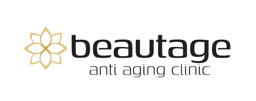Beautage anti-aging clinic logo with gold flower icon and black text