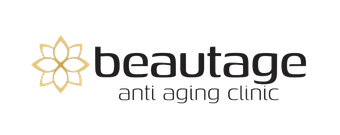 Beautage anti-aging clinic logo with gold flower icon and black text
