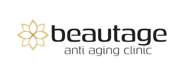 Beautage anti-aging clinic logo with gold flower icon and black text
