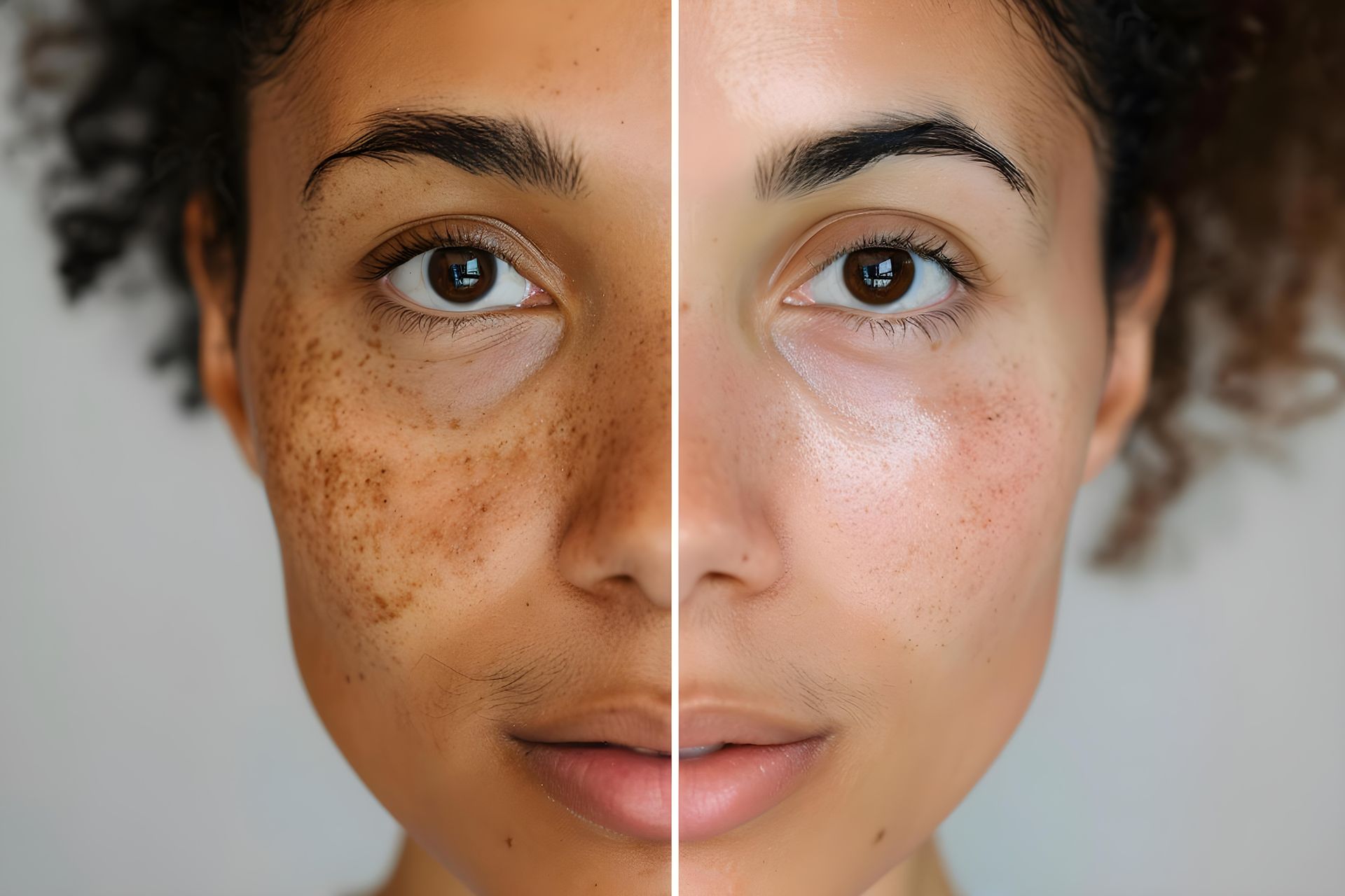 Split-face portrait showing one side with freckles and uneven skin tone, the other clear and even-toned.