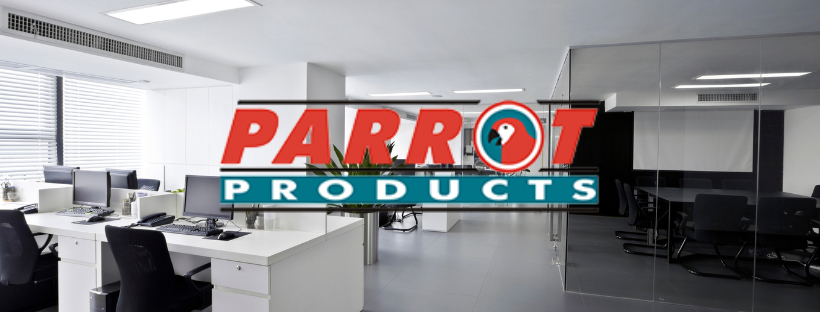 A large office with a parrot products logo on the wall.