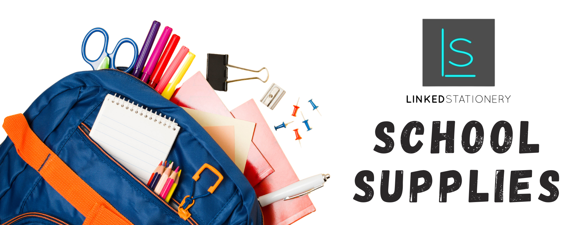 A blue and orange backpack filled with school supplies