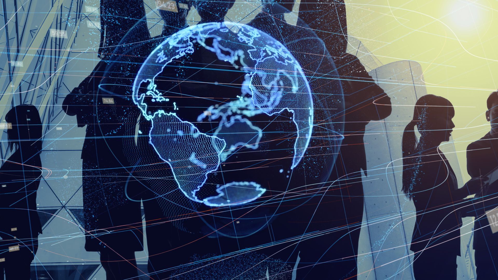 Silhouettes of businesspeople with a digital globe overlaid; global business and networking concept.