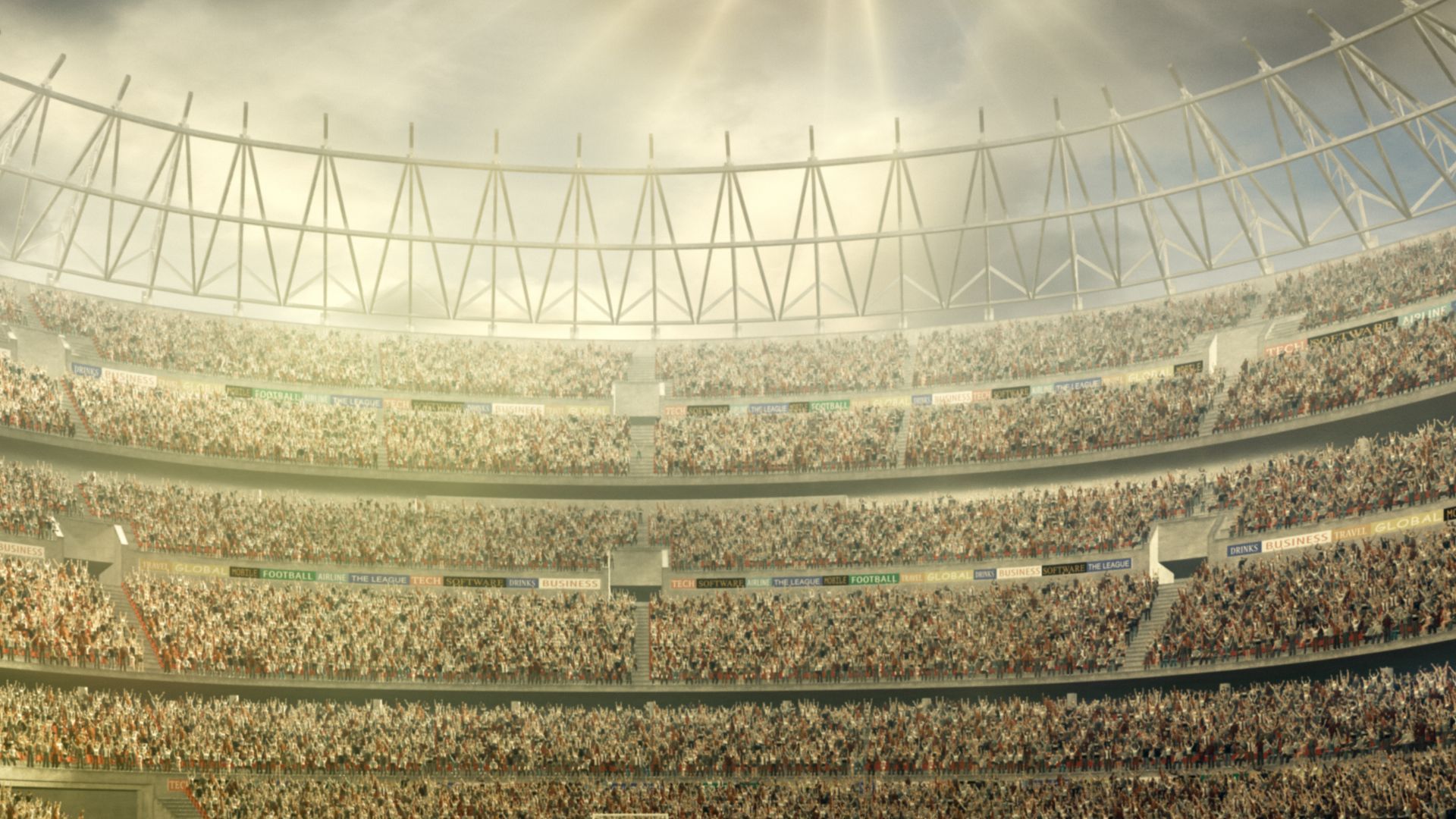 Large stadium filled with a cheering crowd, lit by sunlight filtering through the roof.