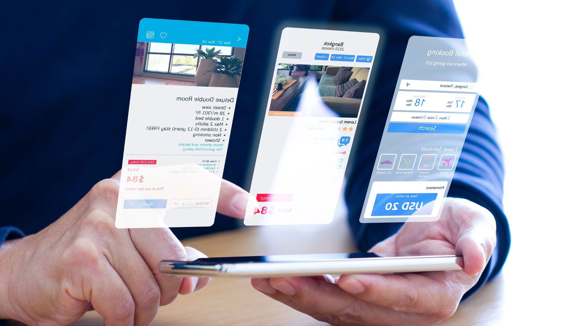 Person holding a smartphone, interacting with transparent app interfaces that float above the phone.