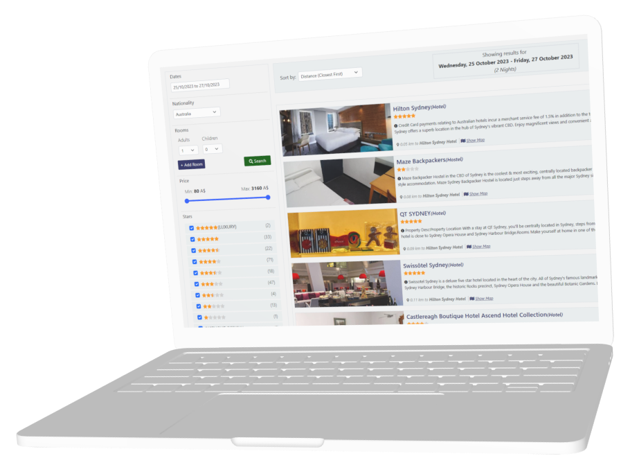Laptop displaying a search engine results page for accommodation with filters and listing details.