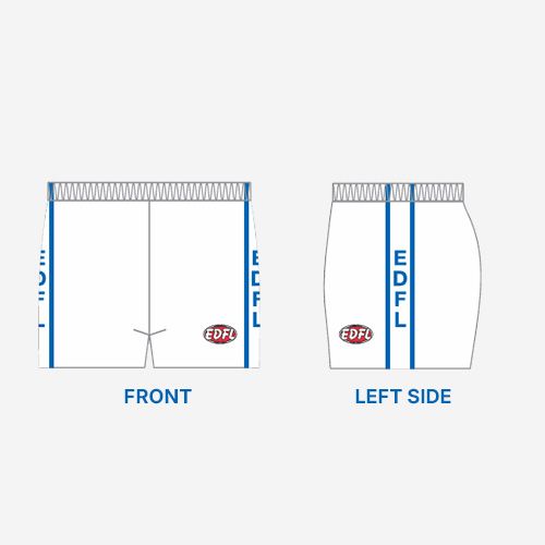 A pair of white shorts with blue stripes on the front and left side.