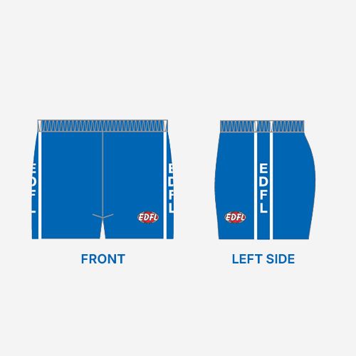 The front and left side of a pair of blue shorts