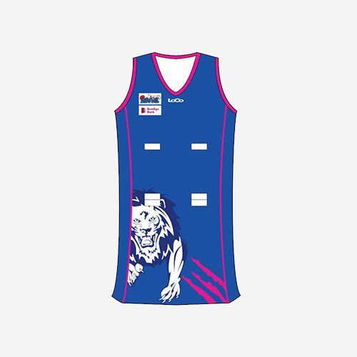 A blue and pink basketball jersey with a lion on it.