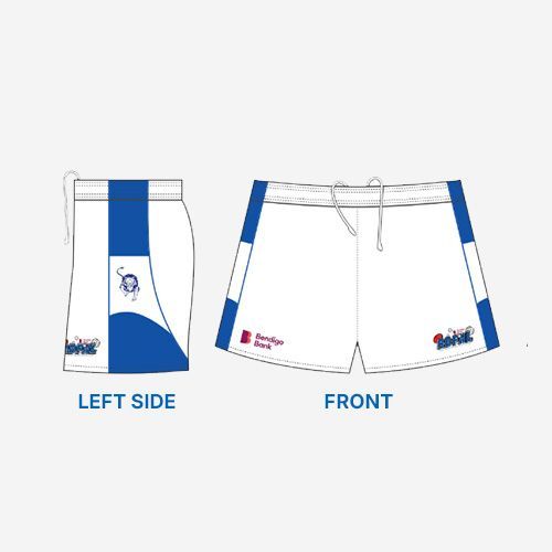 A drawing of a pair of shorts showing the left side and front.