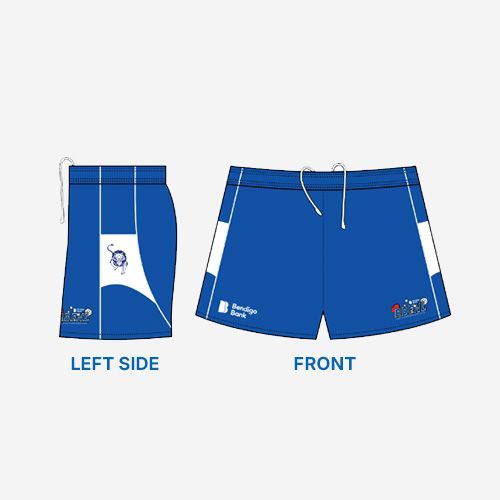 The front and back of a pair of blue shorts.