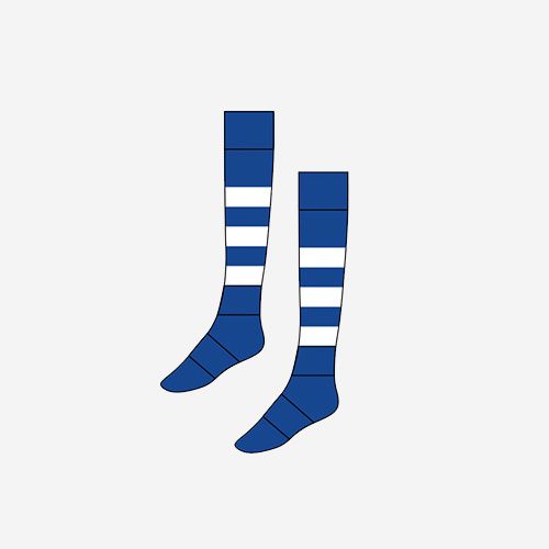 A pair of blue and white striped socks on a white background.