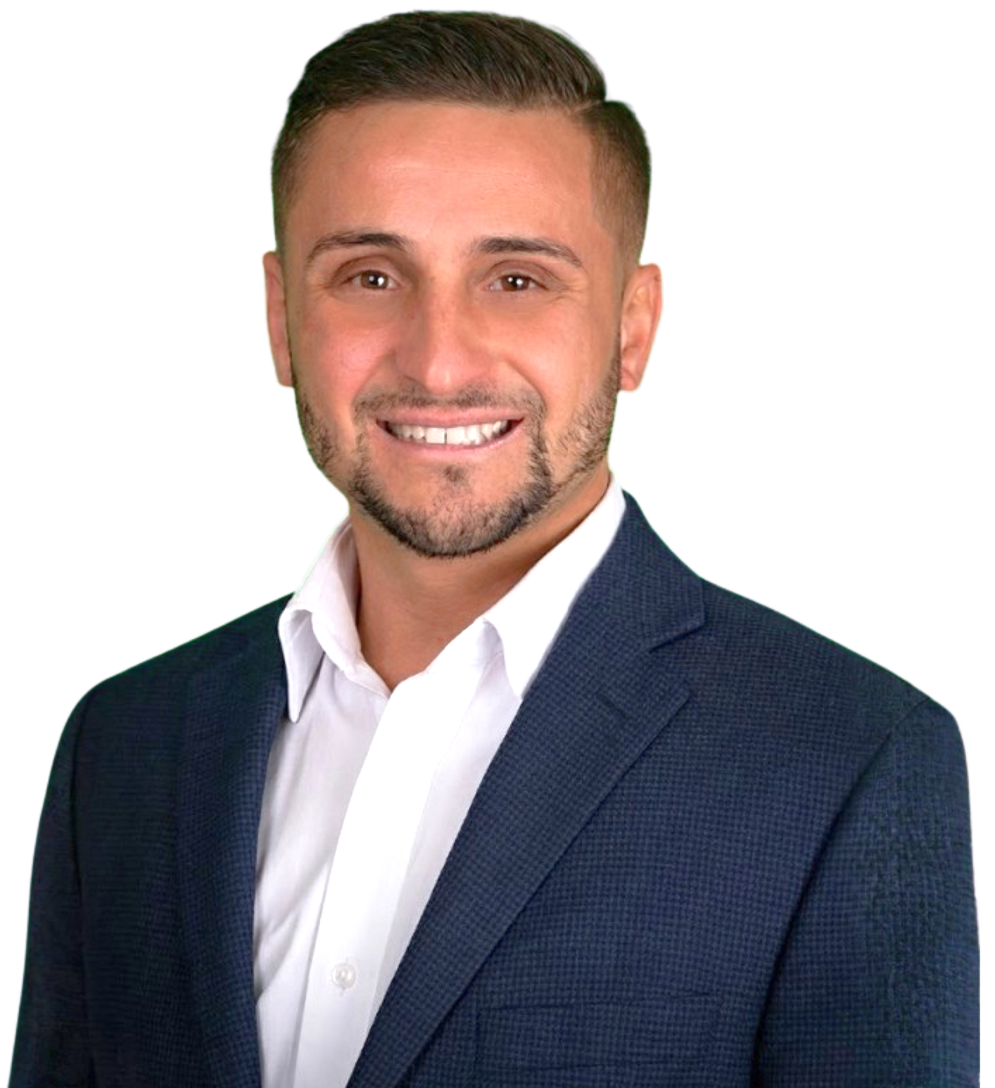 A woman wearing a sweater and a heart necklace is smiling at the camera.