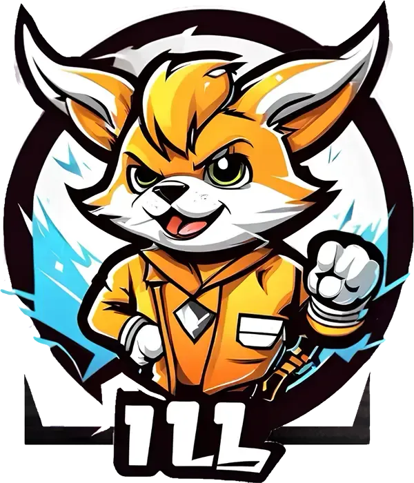Orange fox mascot in a jumpsuit, raising a fist in front of a black-and-white circular logo