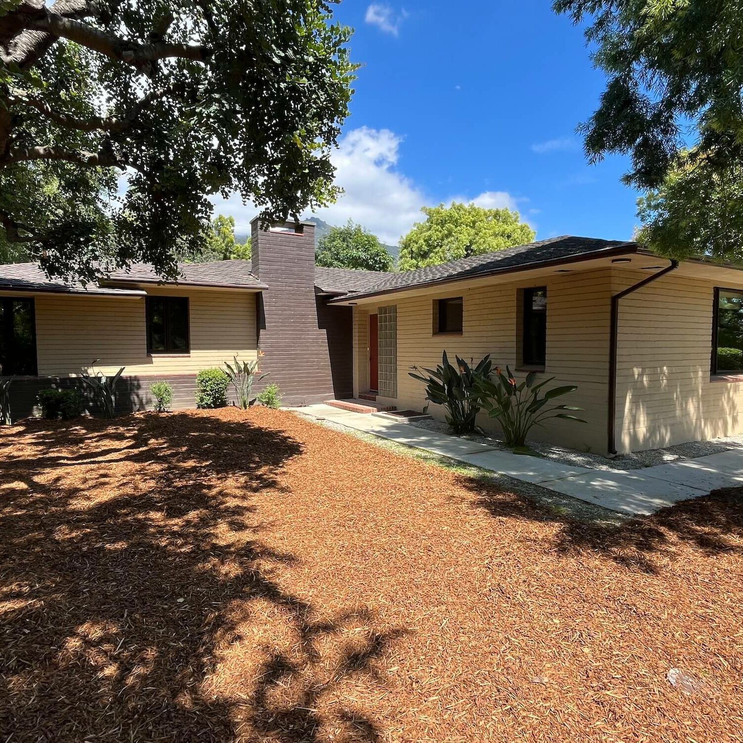 Beige house with a brown chimney and roof under a blue sky, surrounded by trees and mulch.