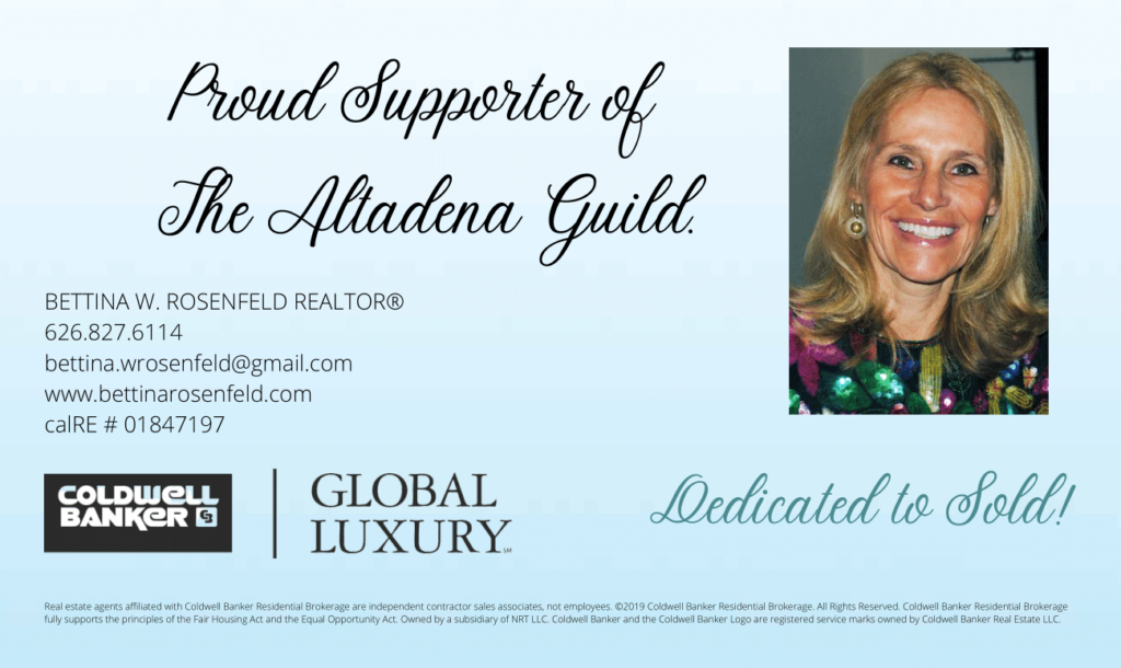 Real estate ad for Altadena Guild support. Woman’s photo, text "Proud Supporter", Coldwell Banker logo.