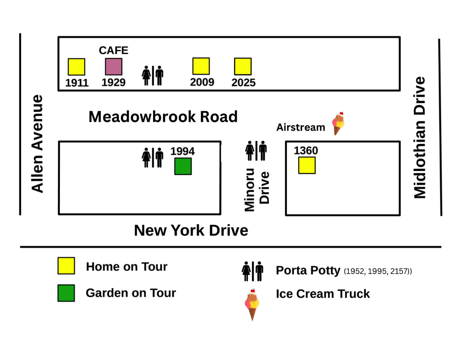 Map with locations of homes, gardens, cafe, porta-potties, and an ice cream truck on Meadowbrook Road and surrounding streets.