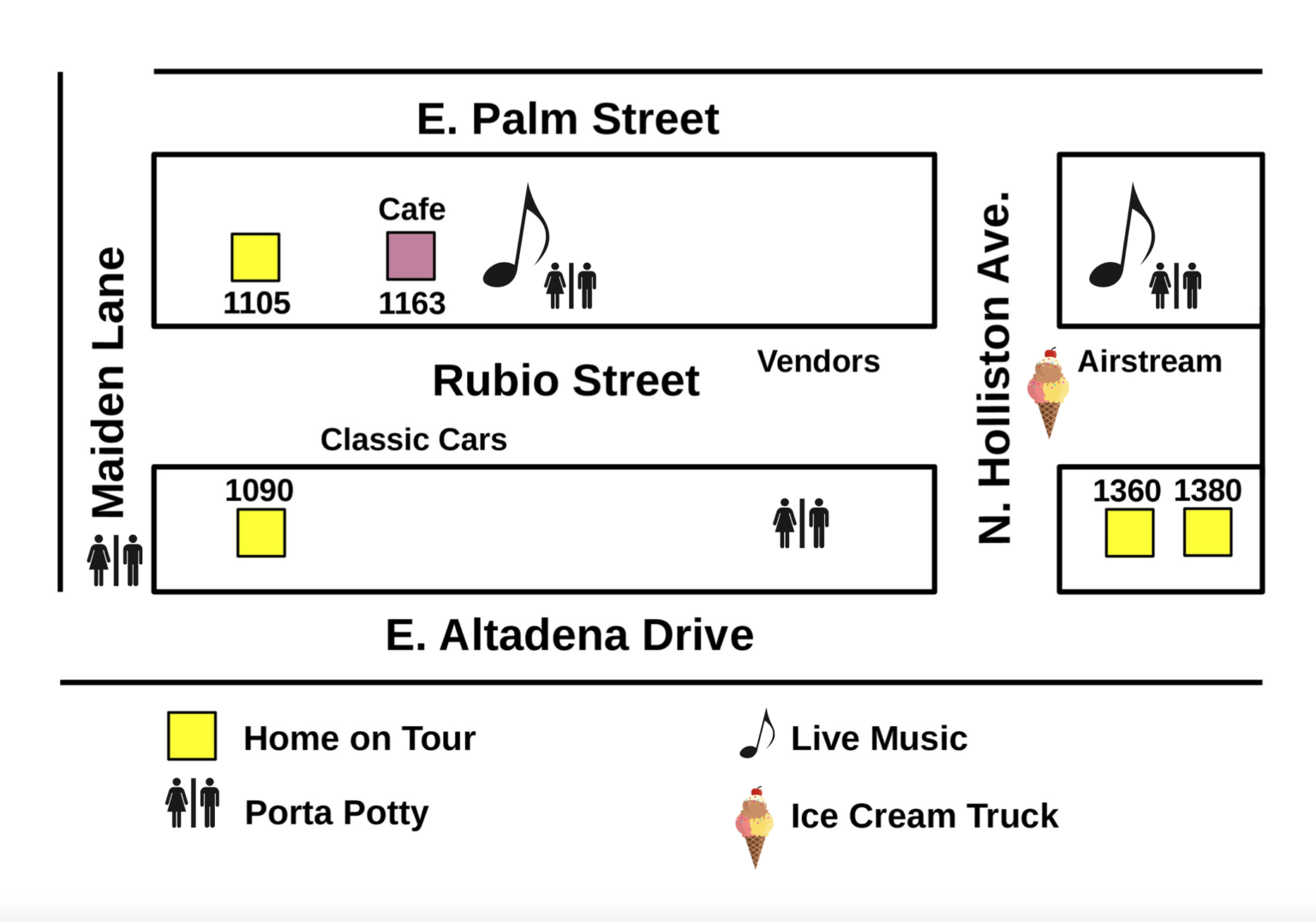 Map of a street fair with homes on tour, vendors, live music, and other attractions.