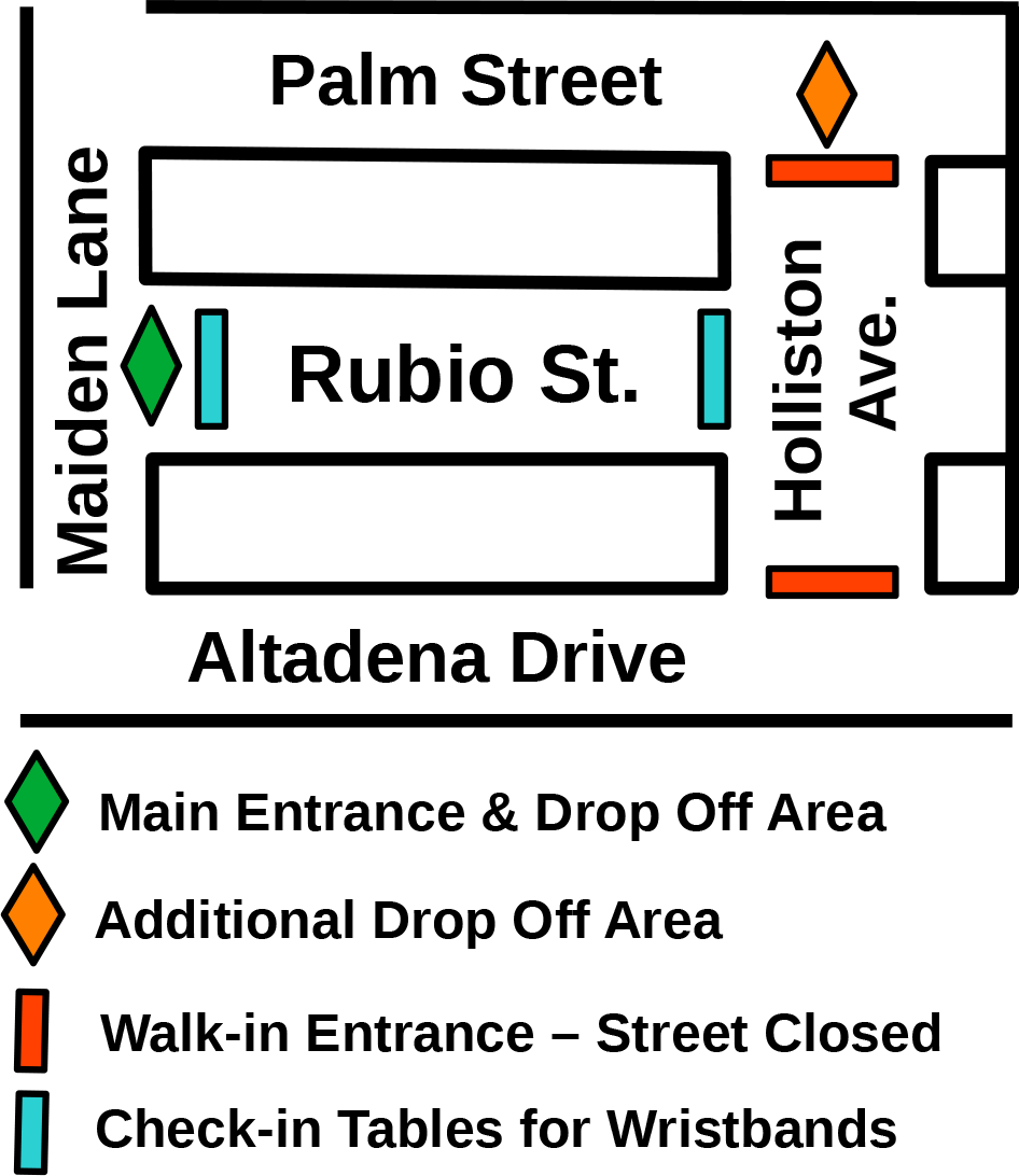 Map of streets with drop-off areas, entrances, and check-in tables marked.