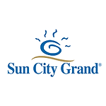 The sun city grand logo is a blue and white logo with a sun on it.