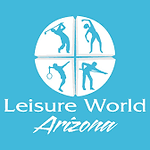 The logo for leisure world arizona is blue and white.