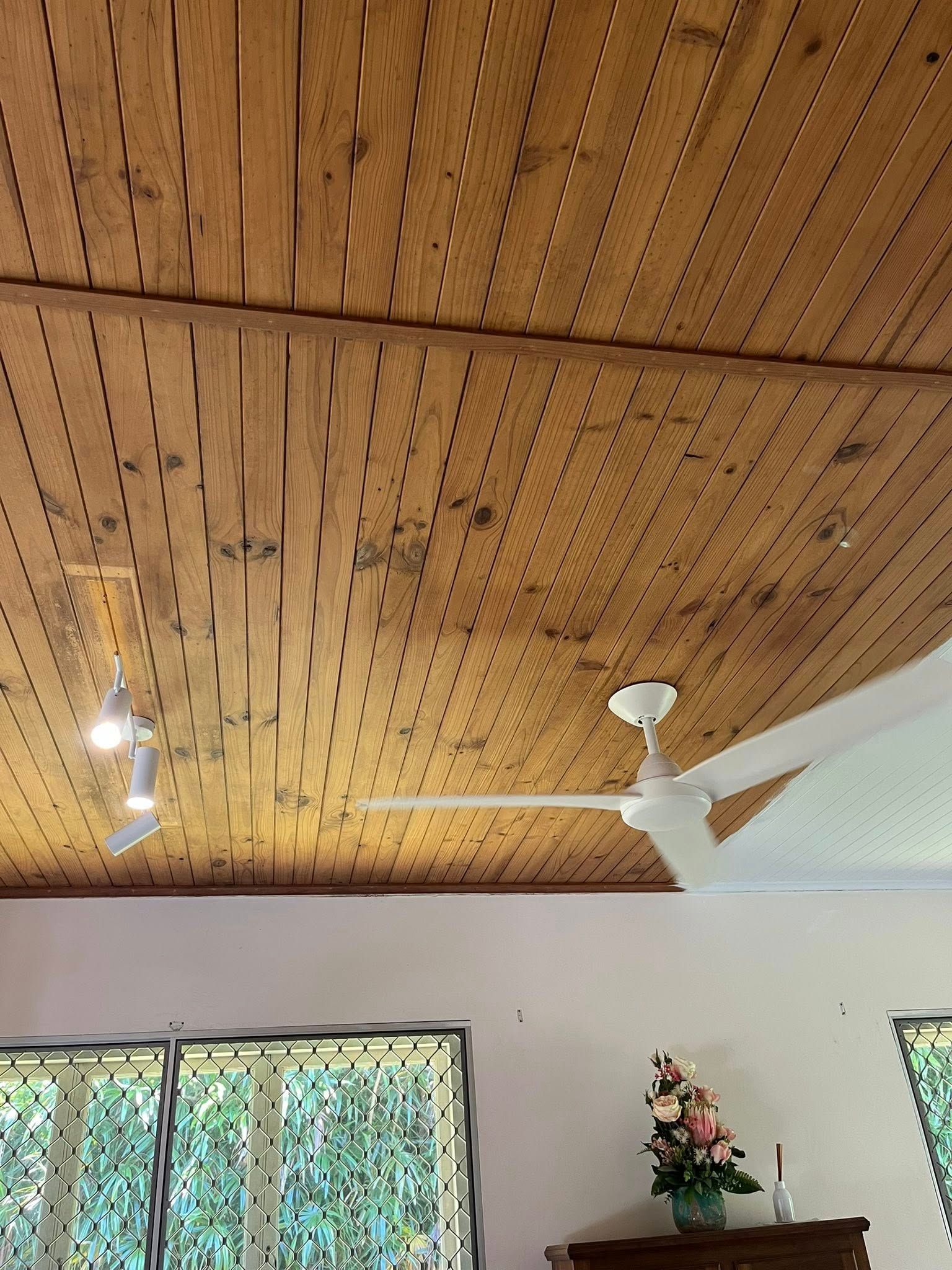Wooden Ceiling With Ceiling Fan and Hanging Lights — Topspark Electrical FNQ in Malanda, QLD