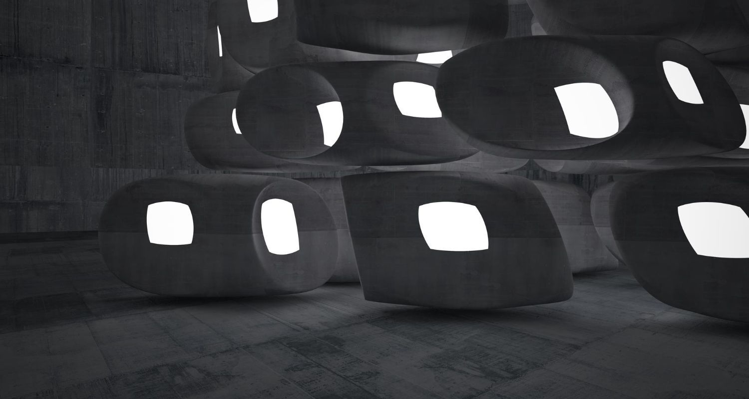 Dunkler Innenraum mit leuchtenden, bauchigen Formen an Wänden und Decke.