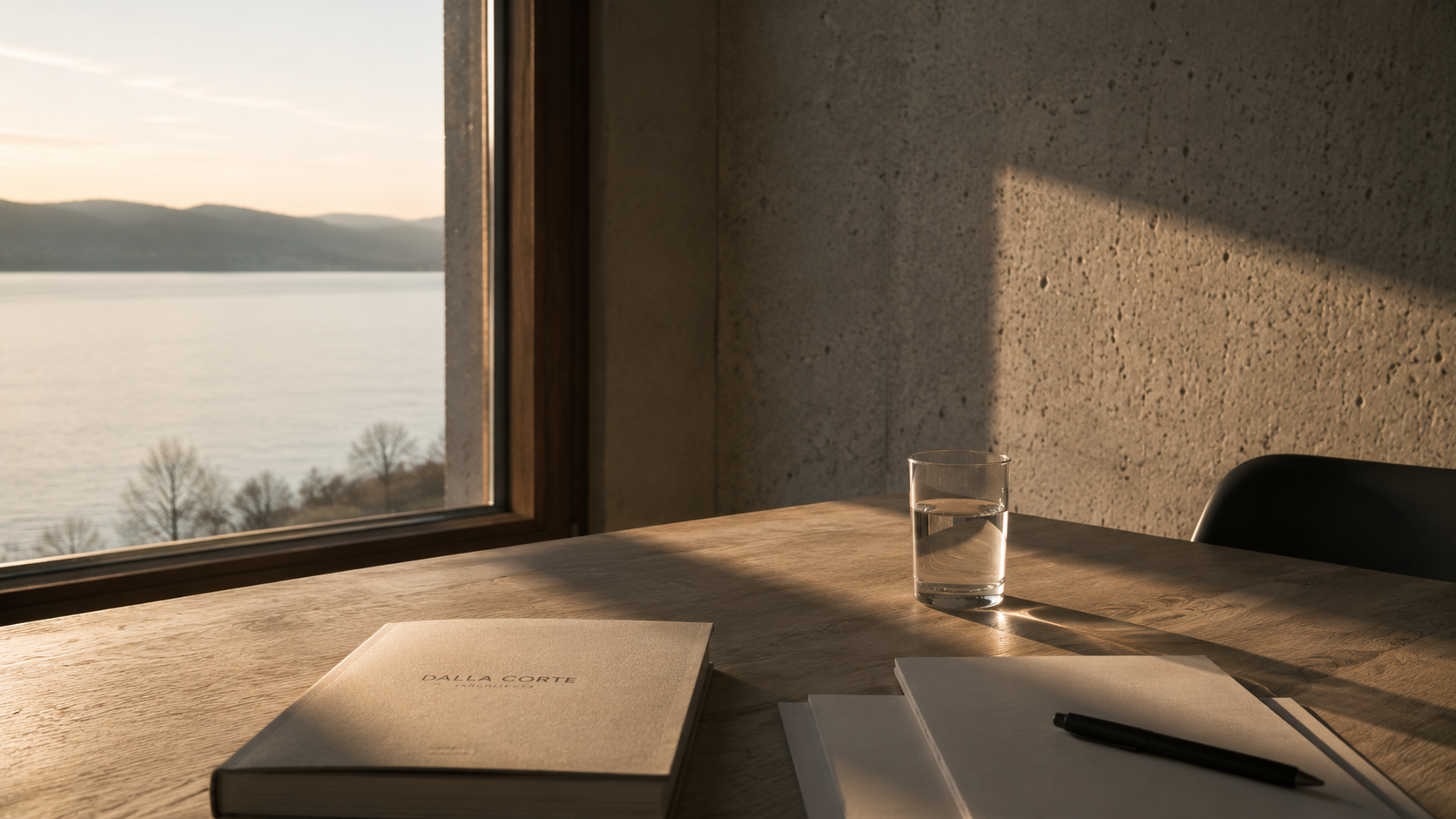 Ein sonnenbeschienener Schreibtisch am Fenster mit Blick auf einen ruhigen See, daneben ein Notizbuch und ein Glas Wasser.