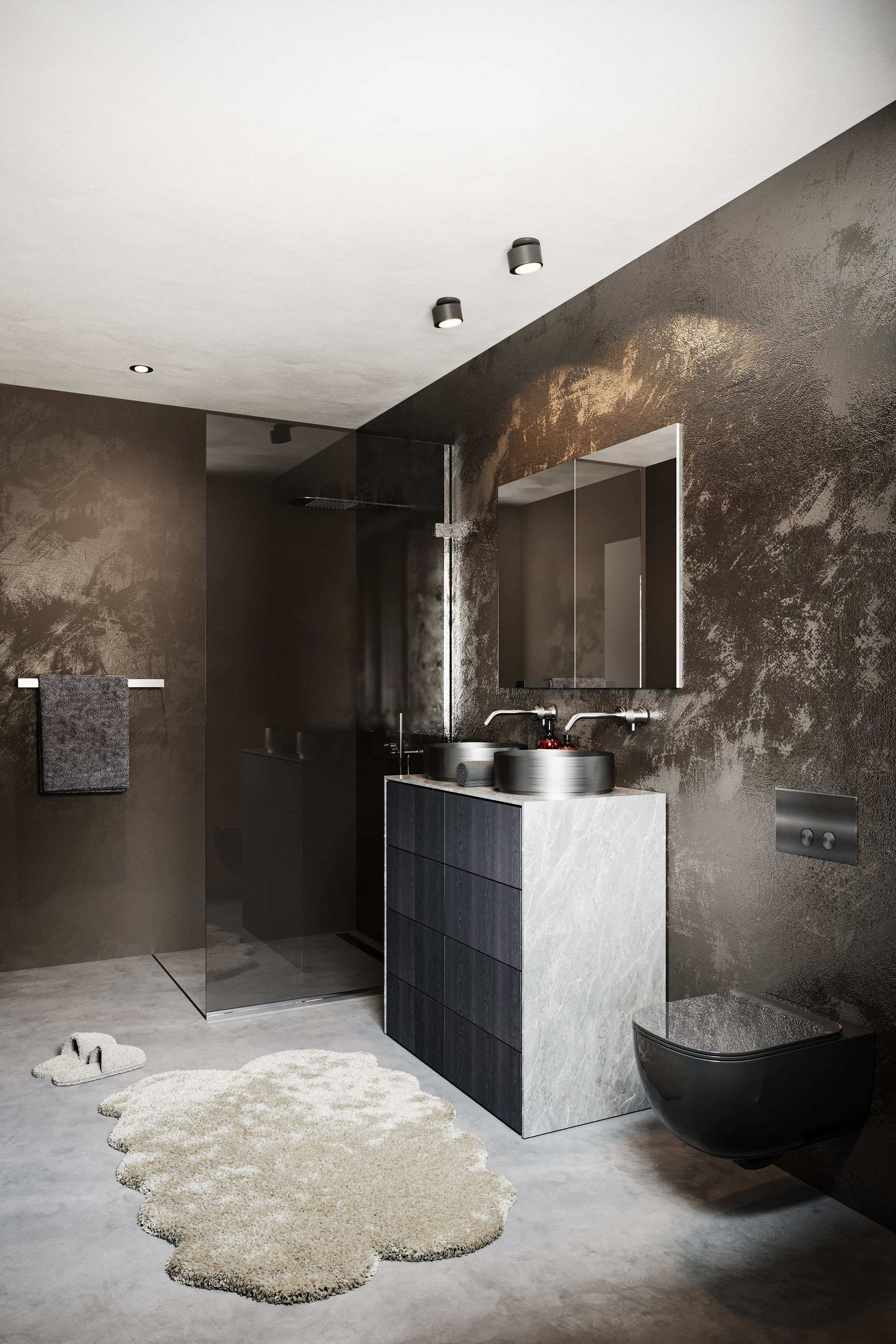 Modernes Badezimmer mit dunklen strukturierten Wänden, grauem Betonboden und schwarzen Armaturen.