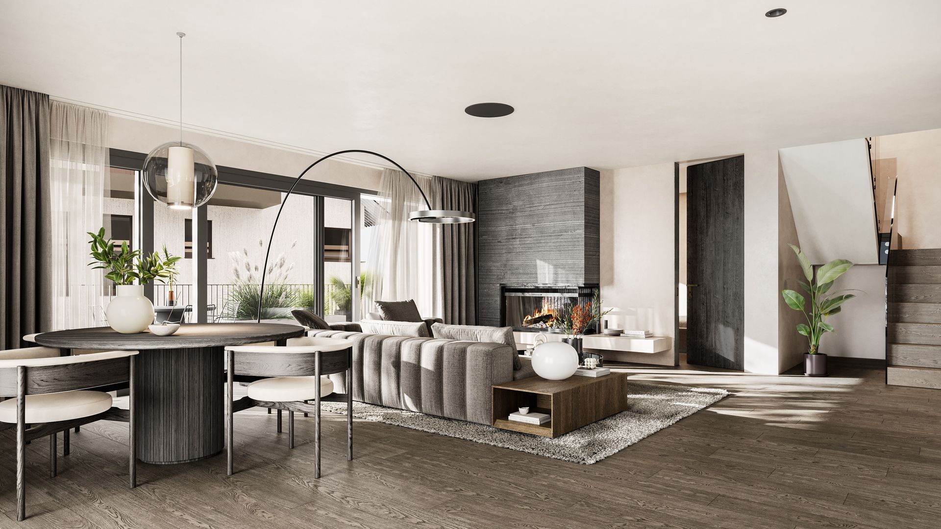 Modernes Wohnzimmer mit Essbereich, Kamin und großen Fenstern. Neutrale Töne, offenes Layout.