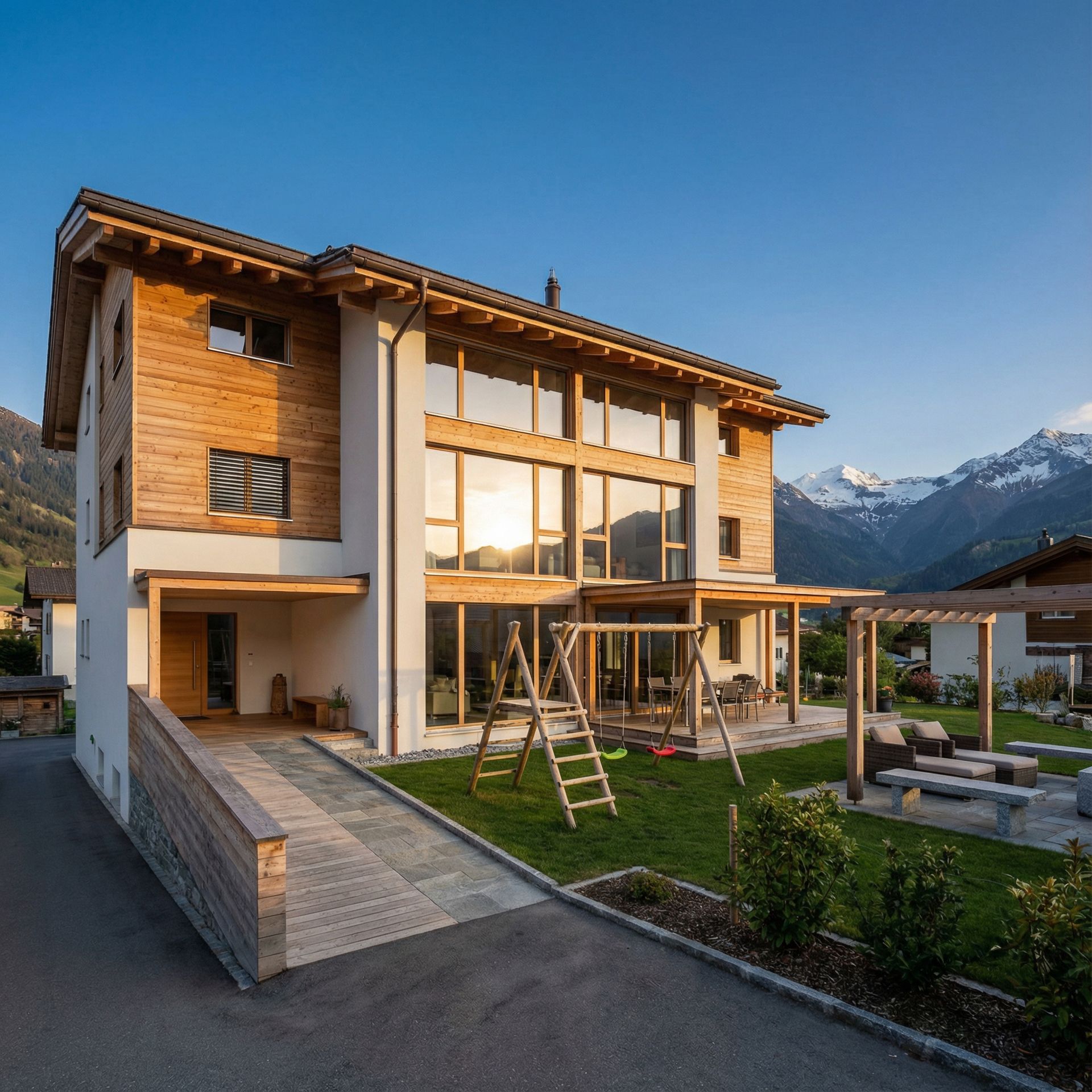 Modernes zweistöckiges Haus mit Holz- und weißer Fassade, großen Fenstern und Bergkulisse.