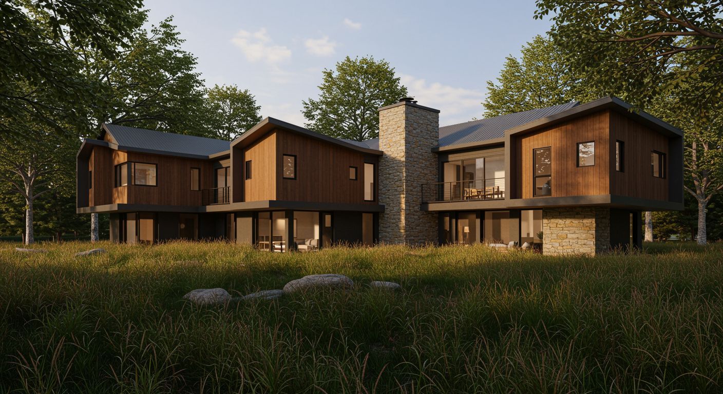 Modernes Haus mit Holzverkleidung, Steinkamin und großen Fenstern, eingebettet in eine grasbewachsene Wiese mit Bäumen.