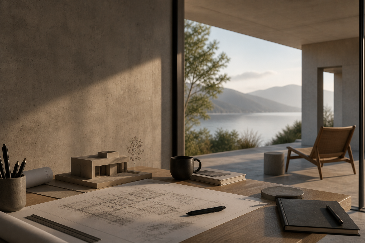 Minimalistischer Schreibtisch am Fenster mit Blick auf einen nebelverhangenen See und Berge bei Sonnenaufgang.
